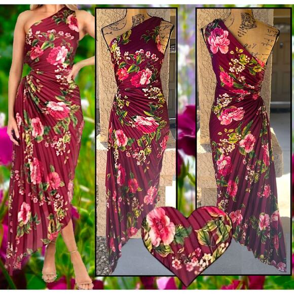 Petal & Pup Kleo Burgundy Floral One Shoulder Maxi Dress Size S - Picture 1 of 14